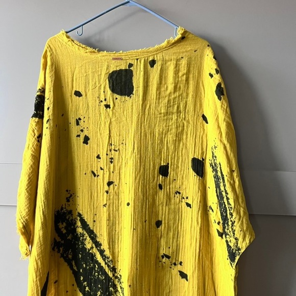 CALI DREAMING Yellow Gauze Dress Black Splatter Print Oversized Maxi Size XS/S - Picture 7 of 11
